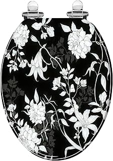 Elongated Toilet Seat black and white roses lilies leaves floral pattern a black Resin Toilet Seat with Quietly Close Quick Release Hinges Decorative Toilet Seat with Cover Easy to Clean and Install