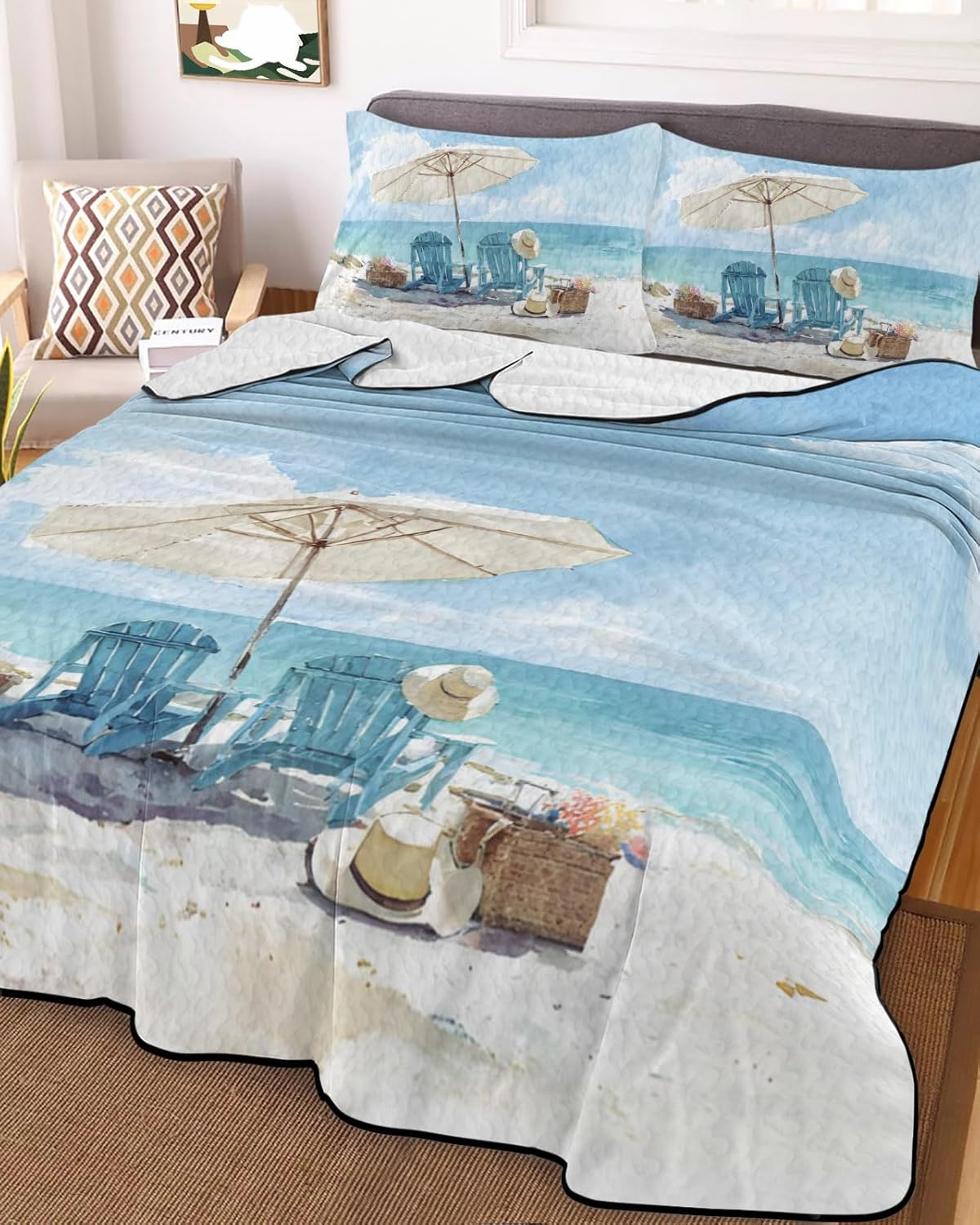 Full Size Quilt Set, Summer Ocean Beach Recliner Lightweight Bedspread Coverlet Set Soft Microfiber Summer Quilt with 2 Pillow Shams, Watercolor Sea Blue Sky 3 Piece Comforter Bedding Set