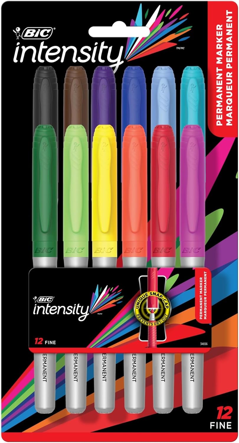 BIC Intensity Assorted Colors Fashion Permanent Markers, Fine Point, 12-Count Pack of Color Markers With Non-Slip Grip for Comfort and Control
