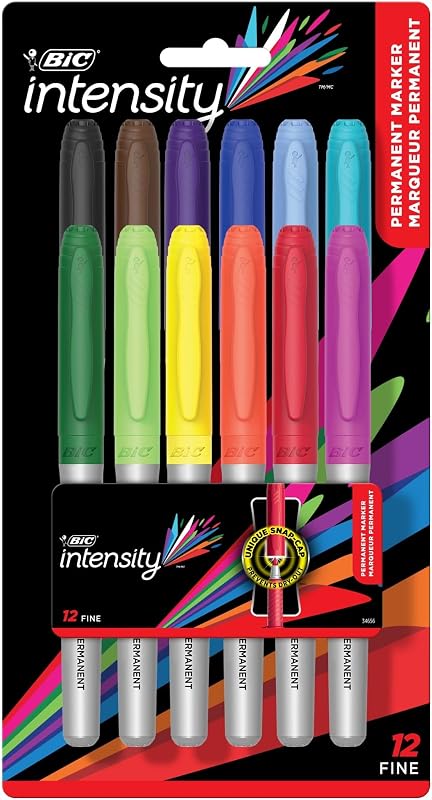 BIC Intensity Assorted Colors Fashion Permanent Markers, Fine Point, 12-Count Pack of Color Markers With Non-Slip Grip for Comfort and Control
