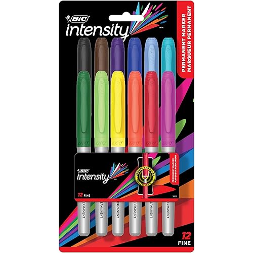 BIC Intensity Assorted Colors Fashion Permanent Markers, Fine Point, 12-Count Pack of Color Markers With Non-Slip Grip for Comfort and Control