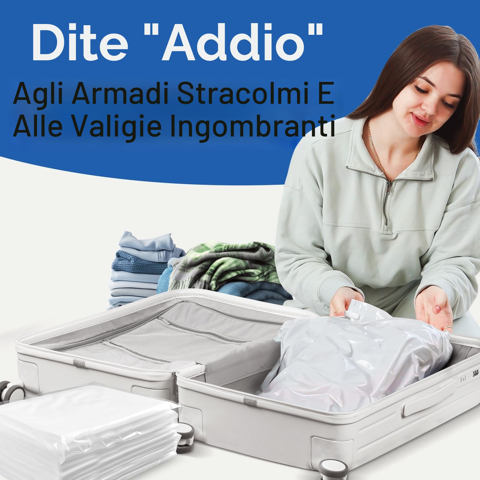Sacchetti Sottovuoto Vestiti con Pompa Elettrica, Confezione da 8 (4 grandi, 2 medi, 2 piccoli), Buste Sottovuoto Vestiti per Coperte, Piumino, Cuscini, Trapunte, Viaggi, Traslochi