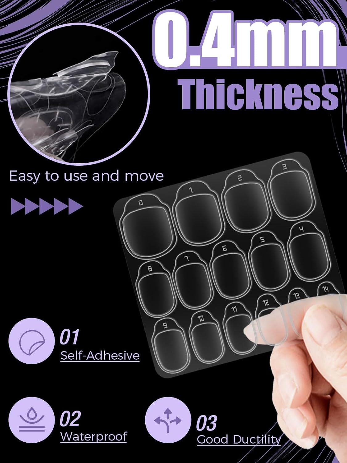 TOROKOM 900pcs False Nail Glue Tabs, 15 Sizes Waterproof Breathable Double Sided Sticky Jelly Gel Press on Nail Adhesive Tabs 30 Sheets Transparent Glue Stickers Fit Most People