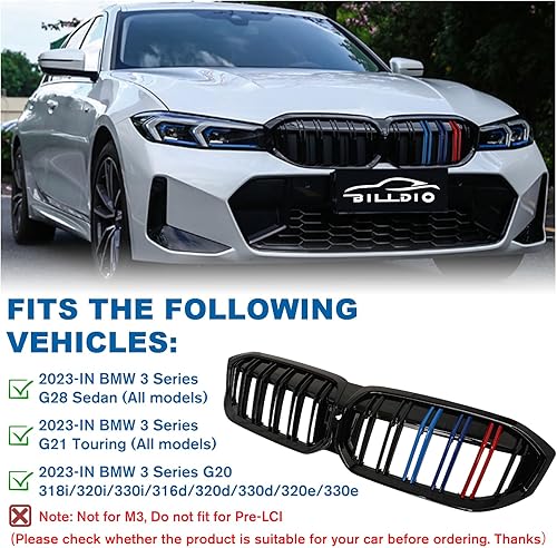 Miniatura 131 de Rejilla frontal negra brillante compatible con BMW Serie 3 G20 2019 2020 2021 2022 316i 318i 320i 328i 330i 330i 335i 340i Doble lamas negro