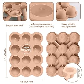 HIWOOD Baby Food Storage Containers 12 x 1.5OZ Silicone Freezer Tray with Lid, Food Grade Silicone Freezer Tray Containers for Purees & Vegetables Light Brown