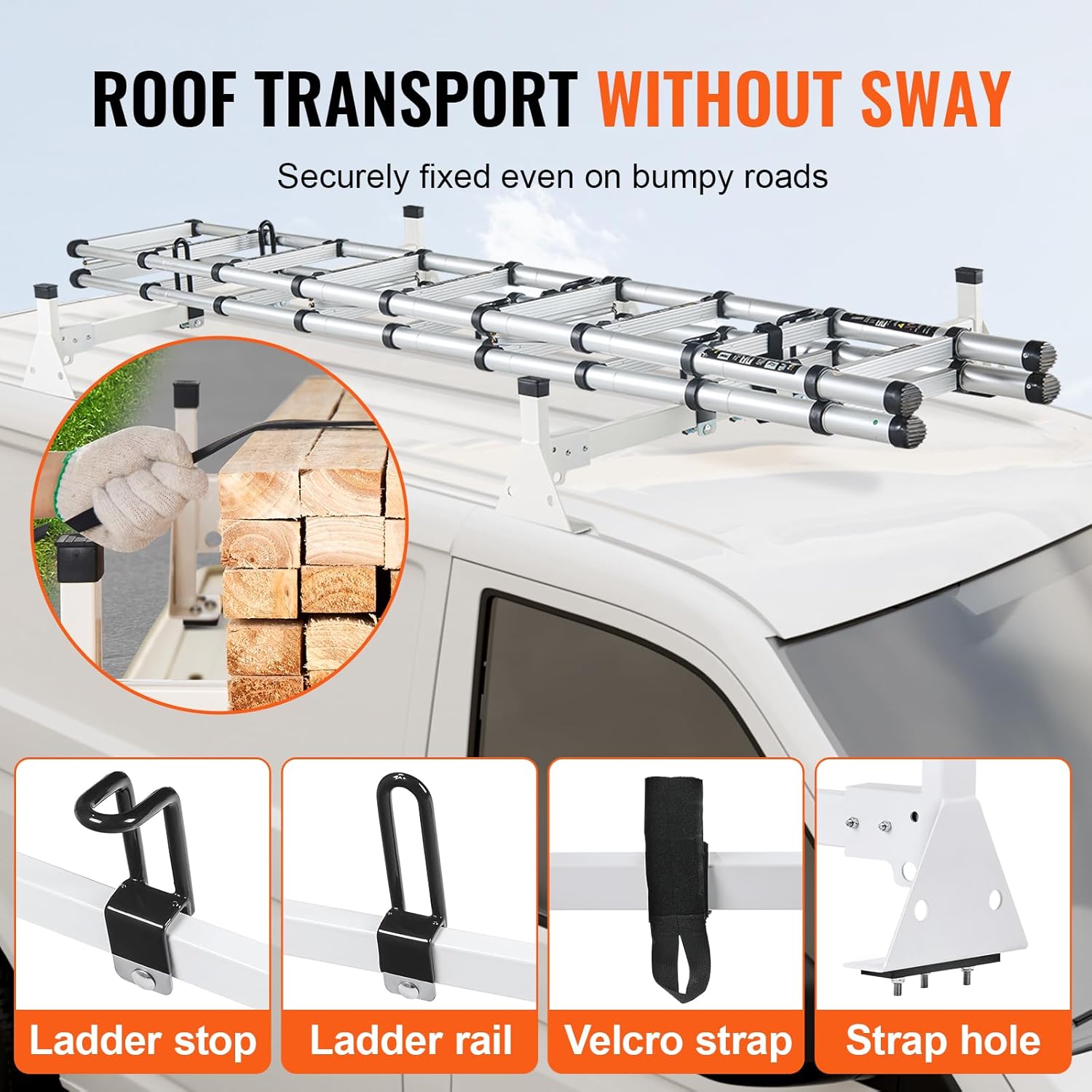 VEVOR 54" Van Roof Ladder Racks, 600 lbs Capacity Heavy-Duty Steel Roof Racks for Van, Drilling Racks with Straps, Fit for Ford Transit 150, 250, 350, 2015-2022, 2 Bars