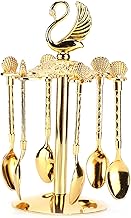 Conjunto de colher de mistura de açúcar de sobremesa de café de metal 6 peças, talheres de sobremesa de frutas base de cisne suporte de exibição organizador de colher para festa de chá de sorvete