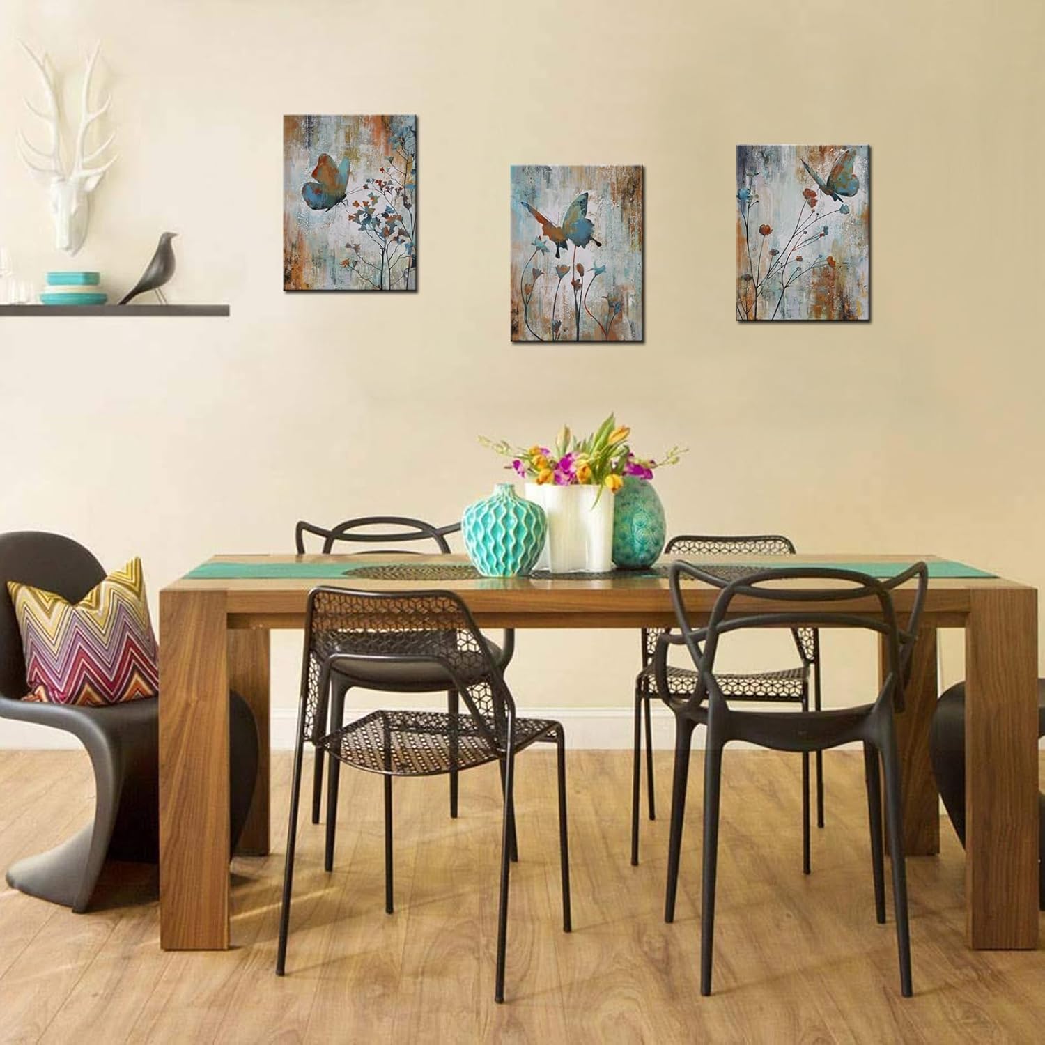 Biuteawal 3 Panel Canvas Print Teal Brown Butterfly Flower Painting Wall Art Plant Floral Picture Print on Canvas Vintage Artwork for Home Living Room Bedroom Bathroom Wall Decor Ready to Hang