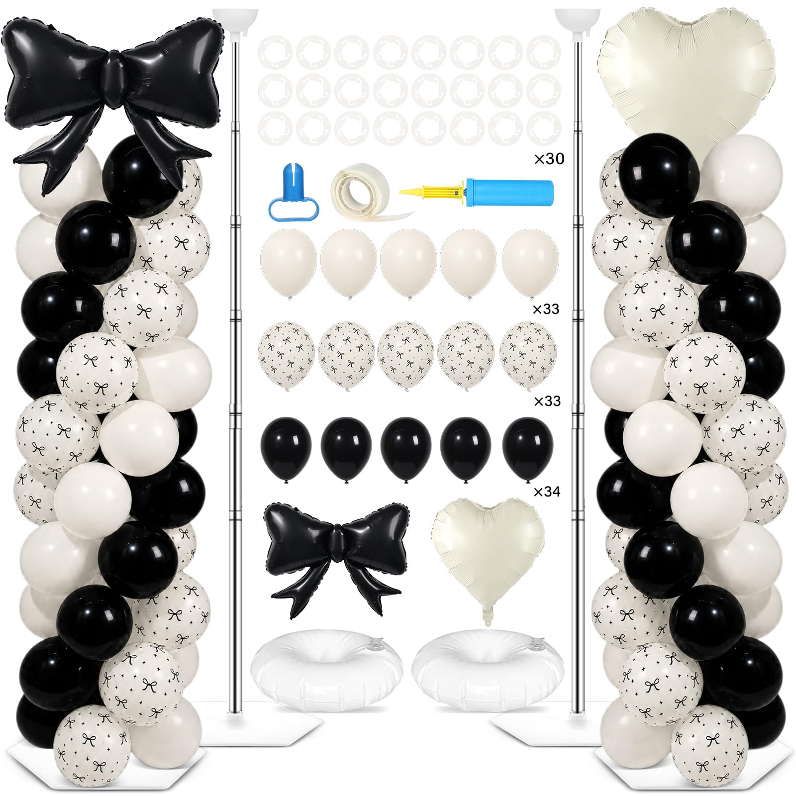 Palloncino a forma di cuore bianco a forma di racchetta con fiocco nero, decorazione con supporto