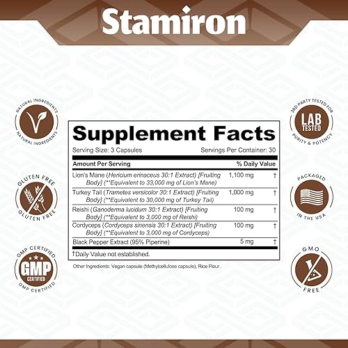 Miniatura 3 de Stamiron Suplemento de melena de leones, cápsulas de hongos de cola de pavo con extracto de Cordyceps y hongos Reishi, gomitas alternativas a