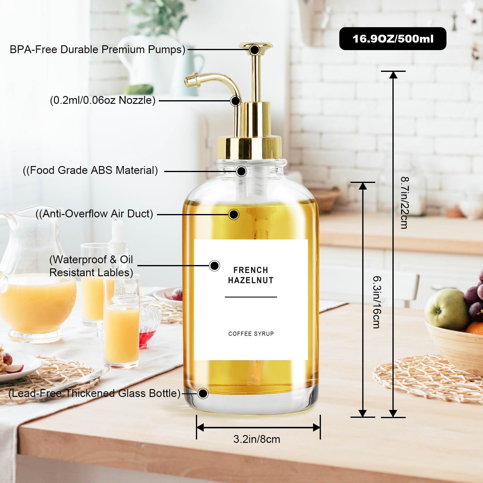 3x Sirup Spender 500ml Glas - Golden Pumpe Mit Etiketten Für Kaffee Bar & Küche