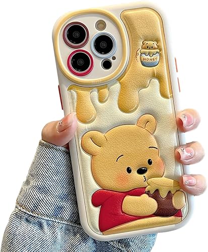 Funda compatible con iPhone 14 Pro Max, funda para teléfono Kawaii de piel de TPU con diseño de oso lindo de dibujos animados, goma suave a prueba