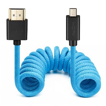 Micro HDMI to HDMI 8K 60fps 4K 120p Coiled Braided Cable for Nikon Z30 Zfc Lumix G85 Fujifilm X-S20 Feelworld F5 Pro External Camera Monitor HDMI 2.1 Blue 30cm