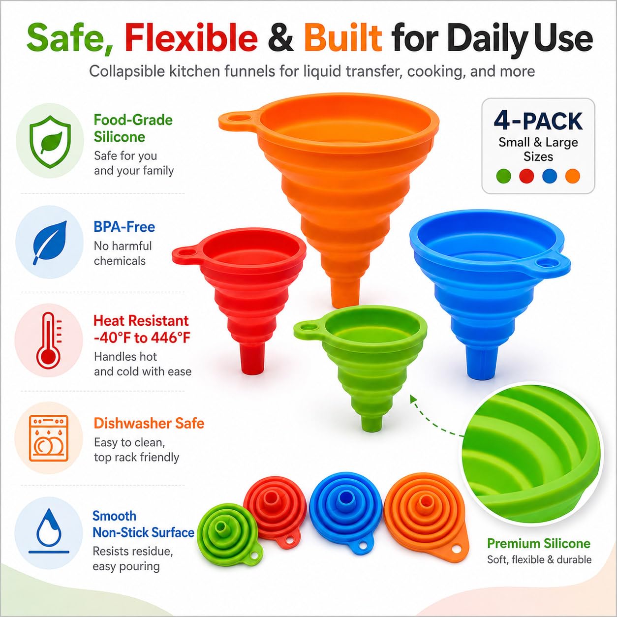 Collapsible Silicone Kitchen Funnels, 4 Pack Food Grade Foldable Funnel Set, 2 Small & 2 Large Funnels for Bottles, Oil, Spice Jars, Liquid Transfer, Dishwasher Safe