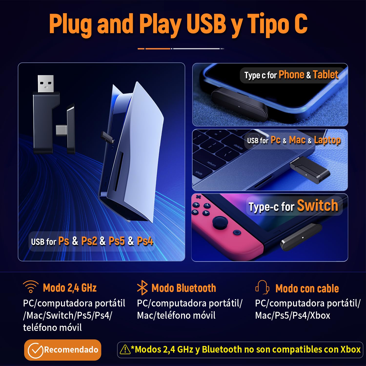 Ozeino Cascos Gaming Inalámbricos para PC/Ps5/Ps4, Auriculares Gaming Inalámbricos de 2,4GHz Wireless+Bluetooth, Baja Latencia Calidad de Sonido sin Pérdidas, Duración 30Hr+ Blanco