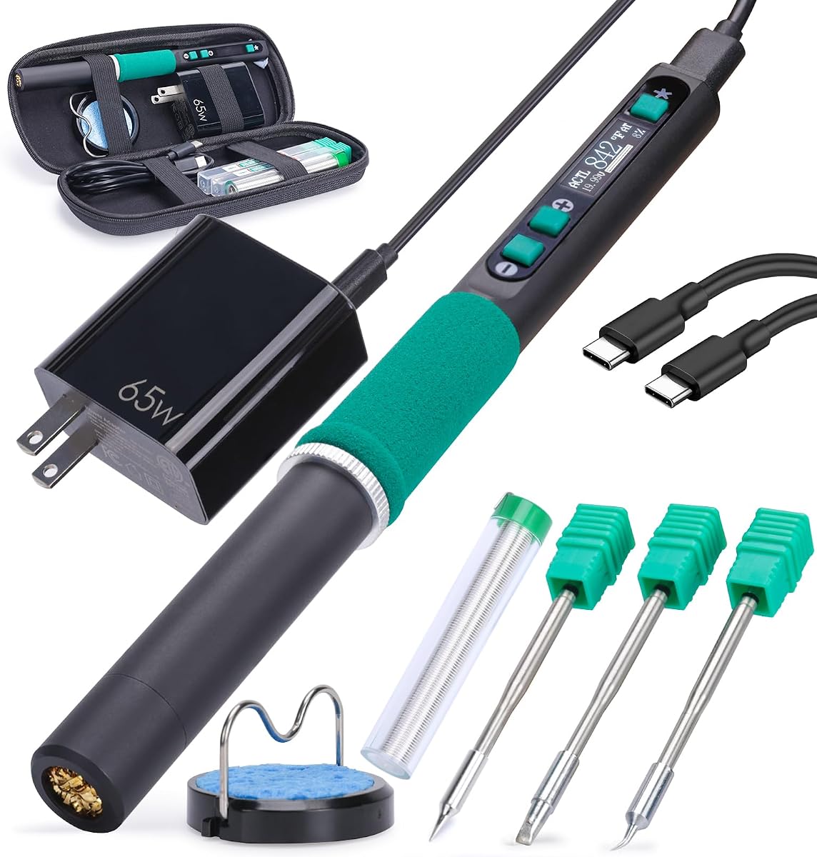 YIHUA 928D-IV Kit de pluma de soldador DC 65W Soporte PD QC, estación de soldadura portátil tipo C con 3 puntas, cable de soldadura, tapa protectora