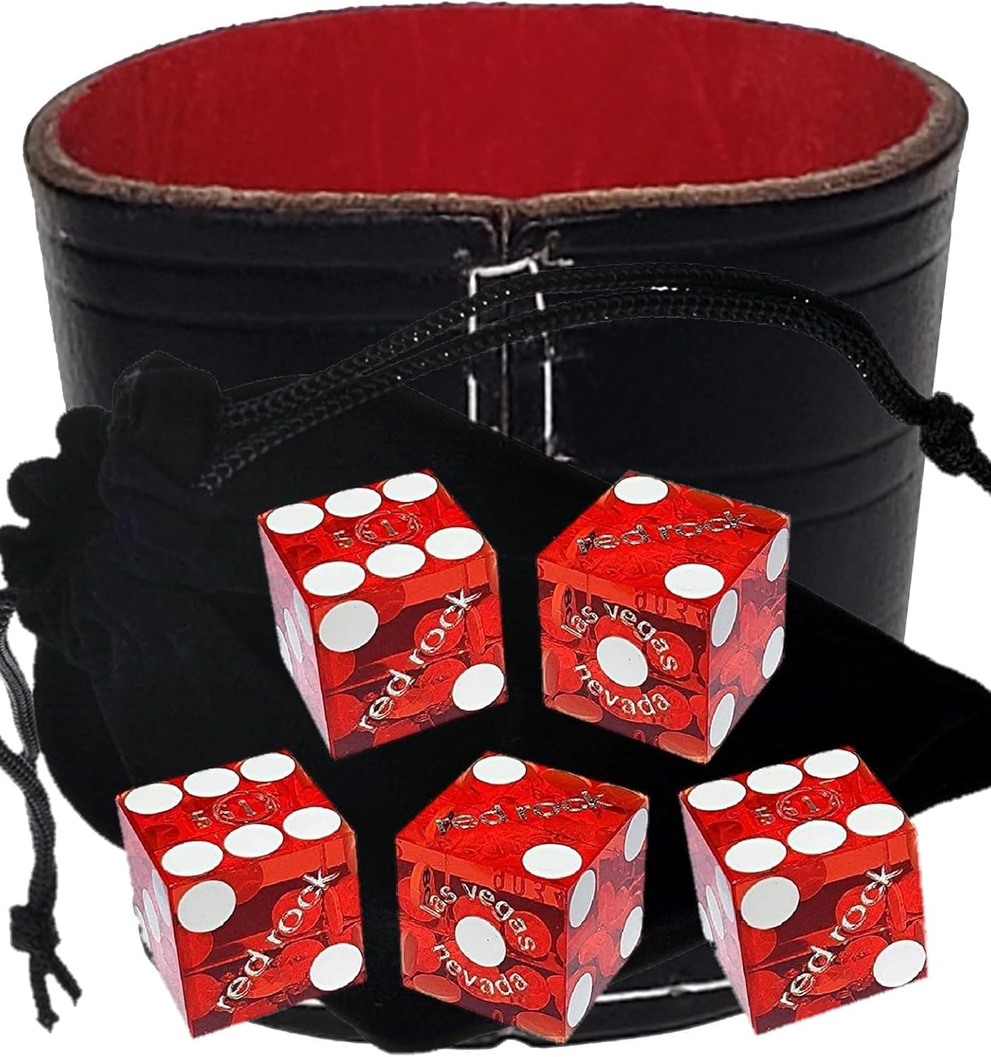 Authentic Casino Dice w/Pouch + Genuine Leather Cup Wide Opening (Red Felt Lining, Las Vegas Red Rock Red Polished)