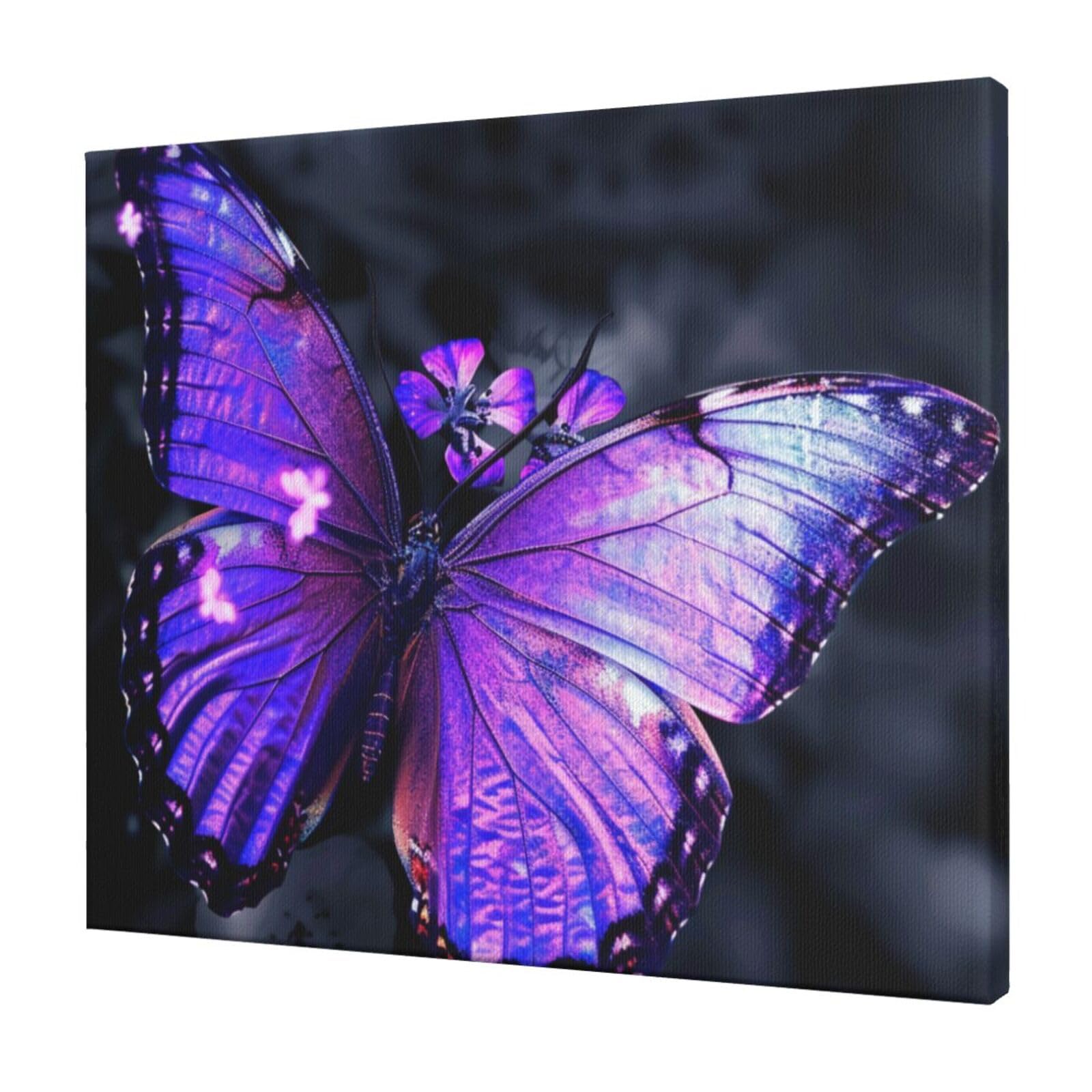 YKLJG Purple Butterfly Printed Wall Art Canvas Prints 60x50 CM Wooden Framed Picture Painting Artwork for Bedroom Kitchen Home Office Decor