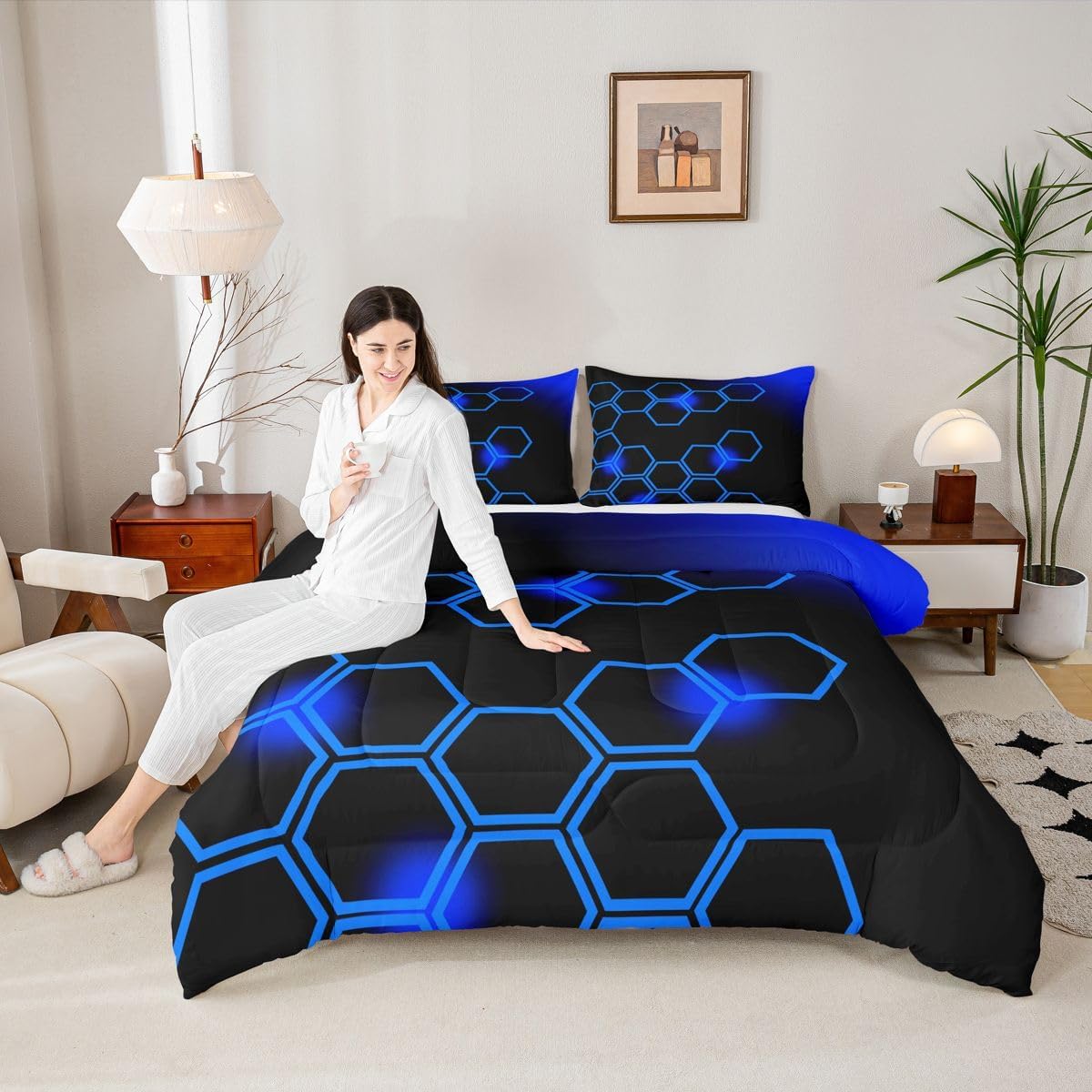 Feelyou Blue and Black Bedding Set Full Size Honeycomb Comforter Set for Kids Boys Girls Decor Geometrical Comforter Beehive Pattern Blue Duvet Set Bedroom Quilt Set