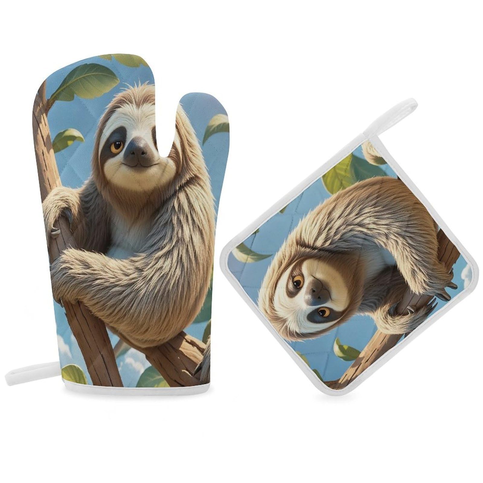 Cartoon Sloth Oven Mitt Gloves and Heat Insulation Pads Double-Layer Thickened Heat Insulation Mitt Temperature Oven Gloves for Cooking Baking Grilling