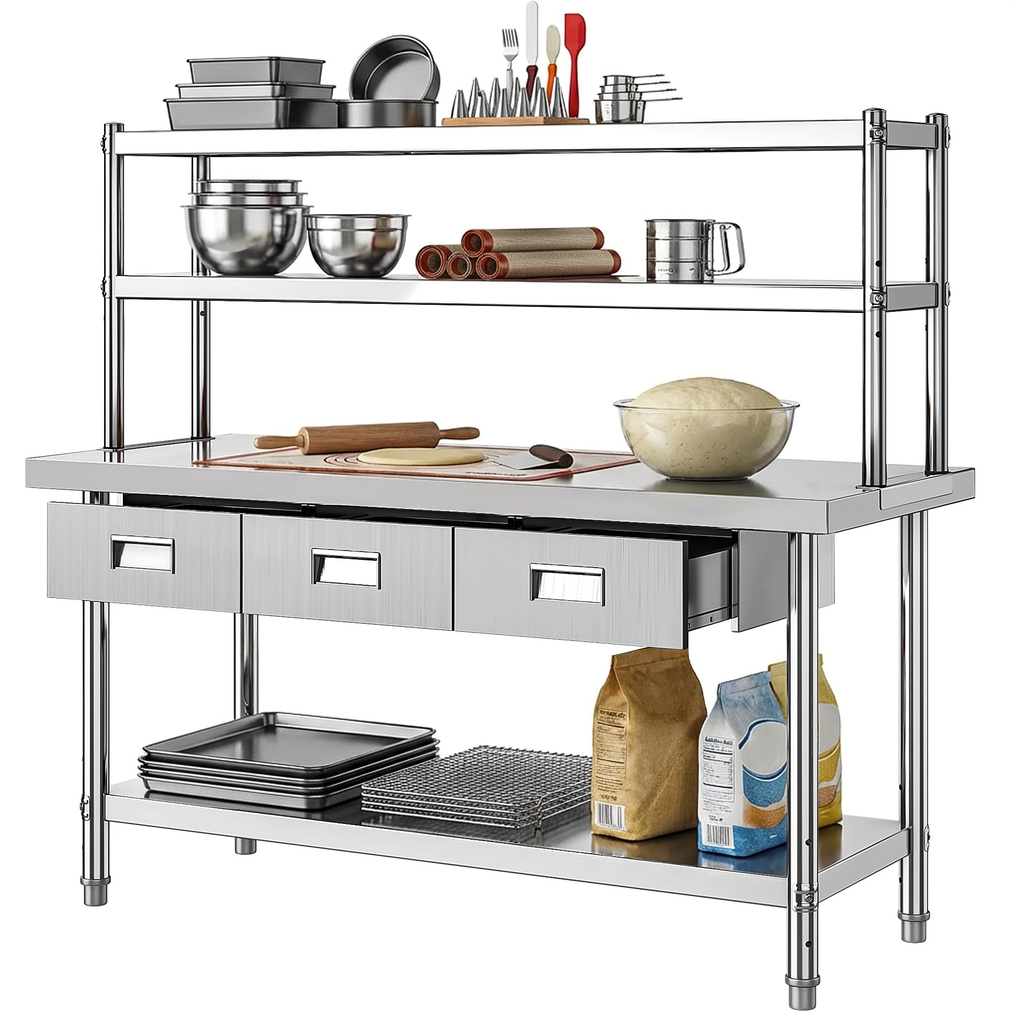 DWVO 60x24in Stainless Steel Table with Adjustable Overshelf &amp; 3 Drawers