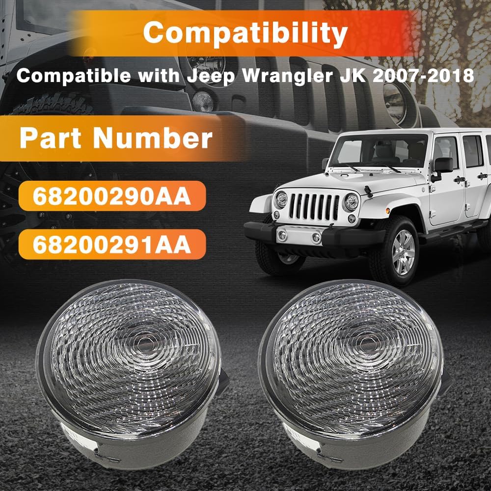 Turn Signal Light Covers 2007-2018 Compatible with Jeep Wrangler JK Turn Signal Housing with Clear Lens 68200290AA, 68200291AA Front Side Marker Light Housing Replacement LH/RH