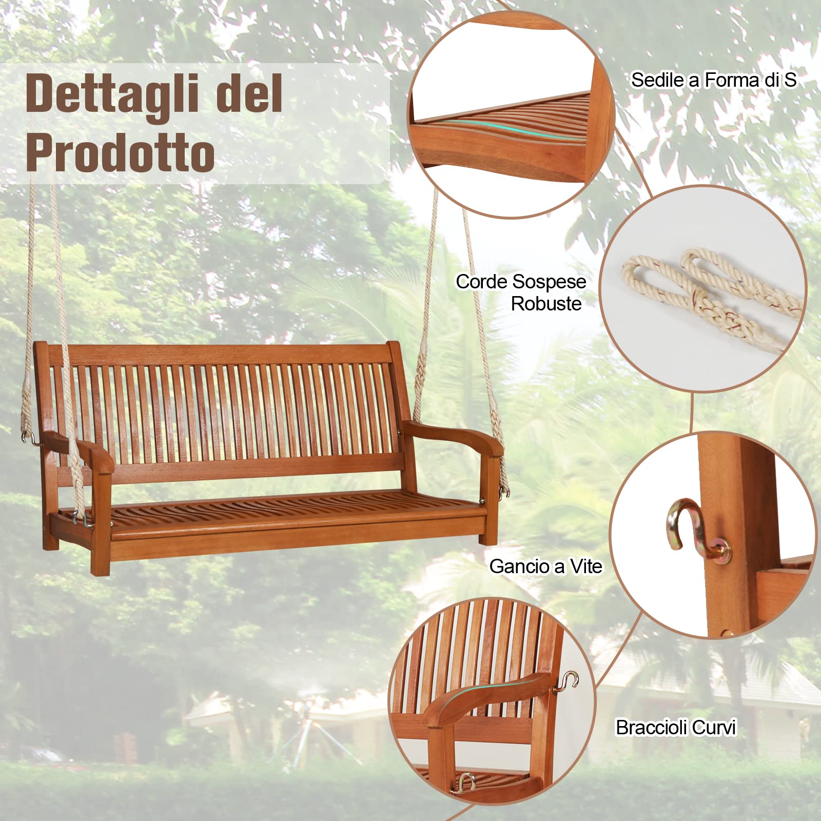 GYMAX Panchina Dondolo Sospeso da Giardino a 2 Posti, Portata di 360 kg, Panca da Appendere in Legno, Seduta Spaziosa, con Schienale e Braccioli, Stile Vintage