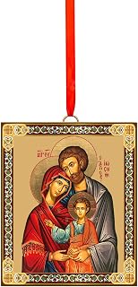 Needzo Holy Family Icon Ornament Wooden 2 Sided, Orthodox Catholic Icon, With Red Ribbon, 3 1/16 Inch, Golf Foil, Christmas Decoration Gift