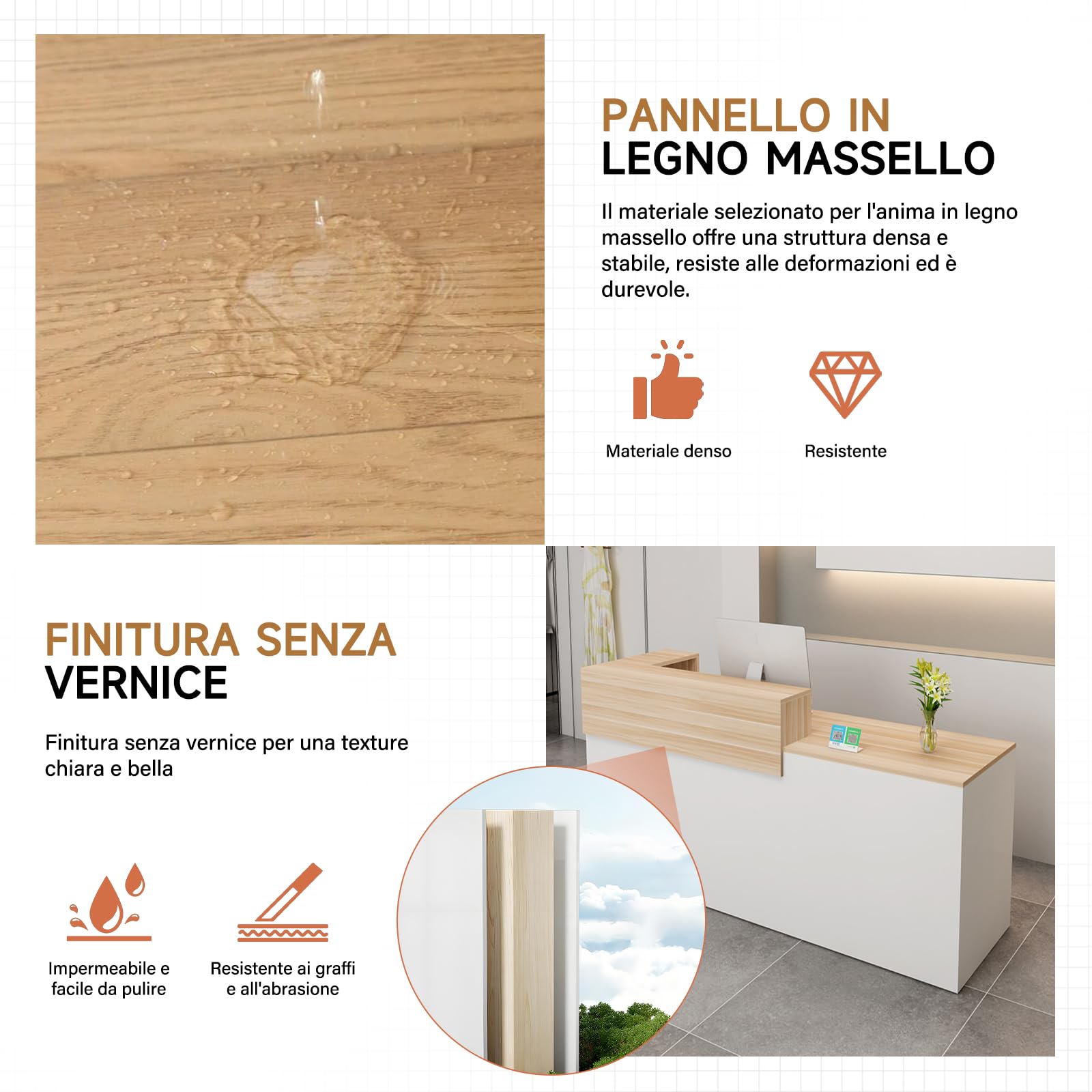 Bancone Reception con Cassetto e Ripiani Aperti, 100–240 cm Banco Reception Moderno per Uffici, adatto per Saloni, Hall e Negozi al Dettaglio