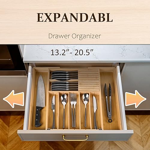 Miniatura 3 de Organizador de cubiertos expandible de bambú con clips de bloqueo de acero inoxidable antideslizantes, soporte para utensilios de cocina con bloque