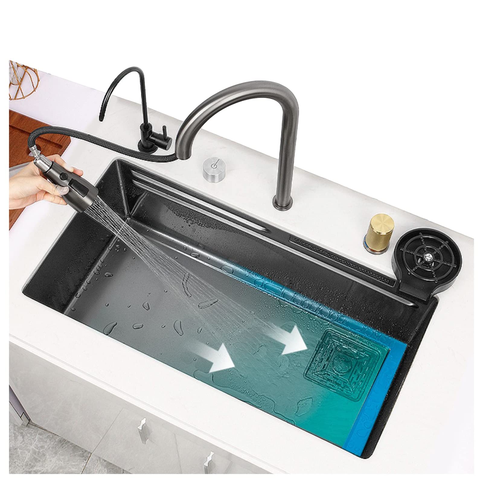 SDdPulse Single Bowl Kitchen Sink with Pull Out Tap Stainless Steel Waterfall A2-68x46cm
