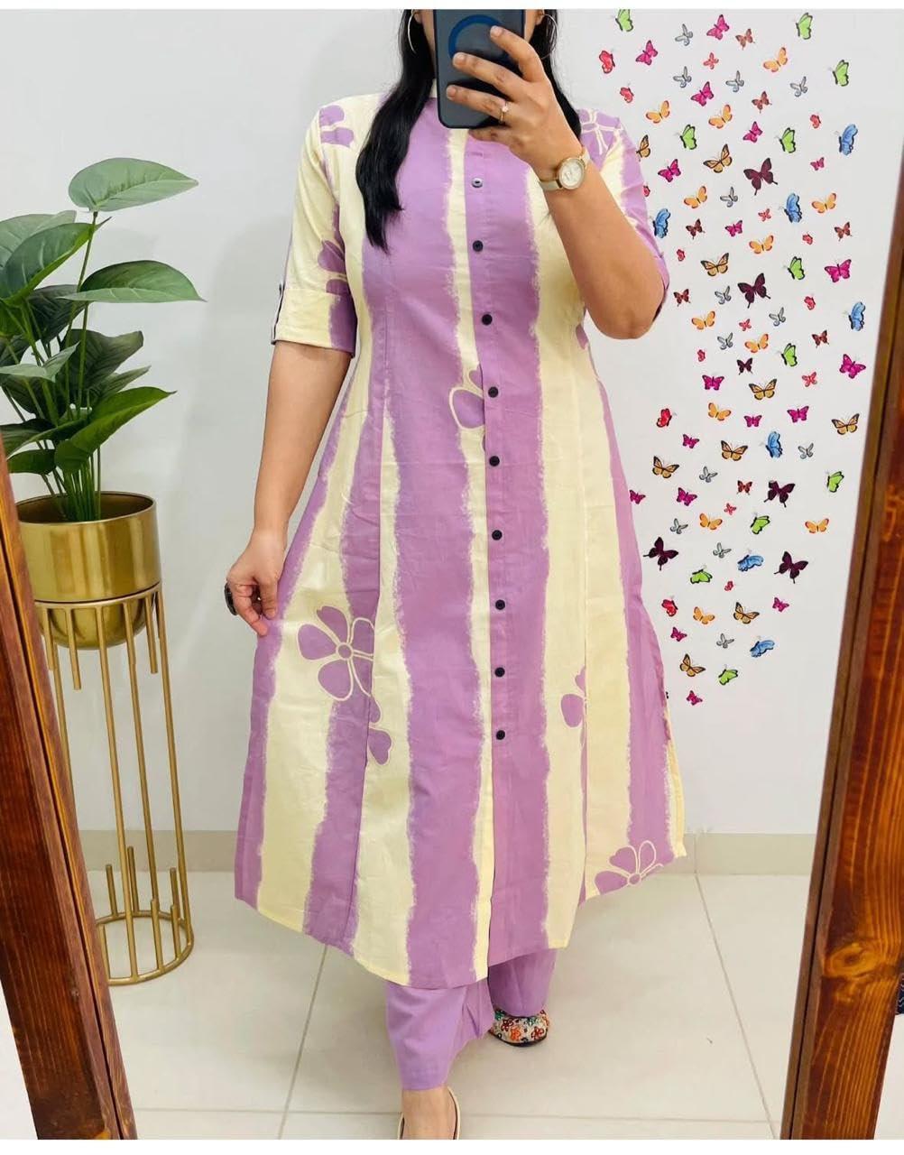 Bonkers Corner Women's Cotton Printed A-Line Kurta Palazzo Set, Button Front, Regular Fit, M to XXL Size, Vertical Striped Pattern with Floral Accents in multi