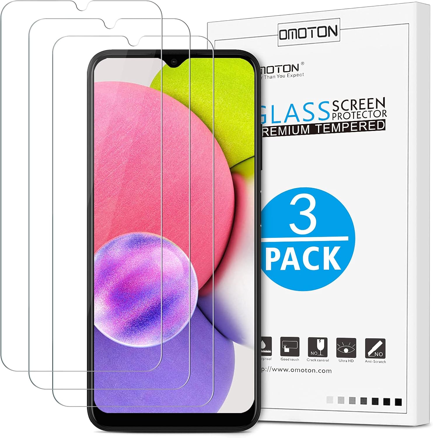 OMOTON [3 Pack] Screen Protector Compatible for Samsung Galaxy A03 / A03s / A03 Core, Bubble free, HD-Clear, Case Friendly, Tempered Glass Film for Galaxy （A03 & A03s & A03 Core）