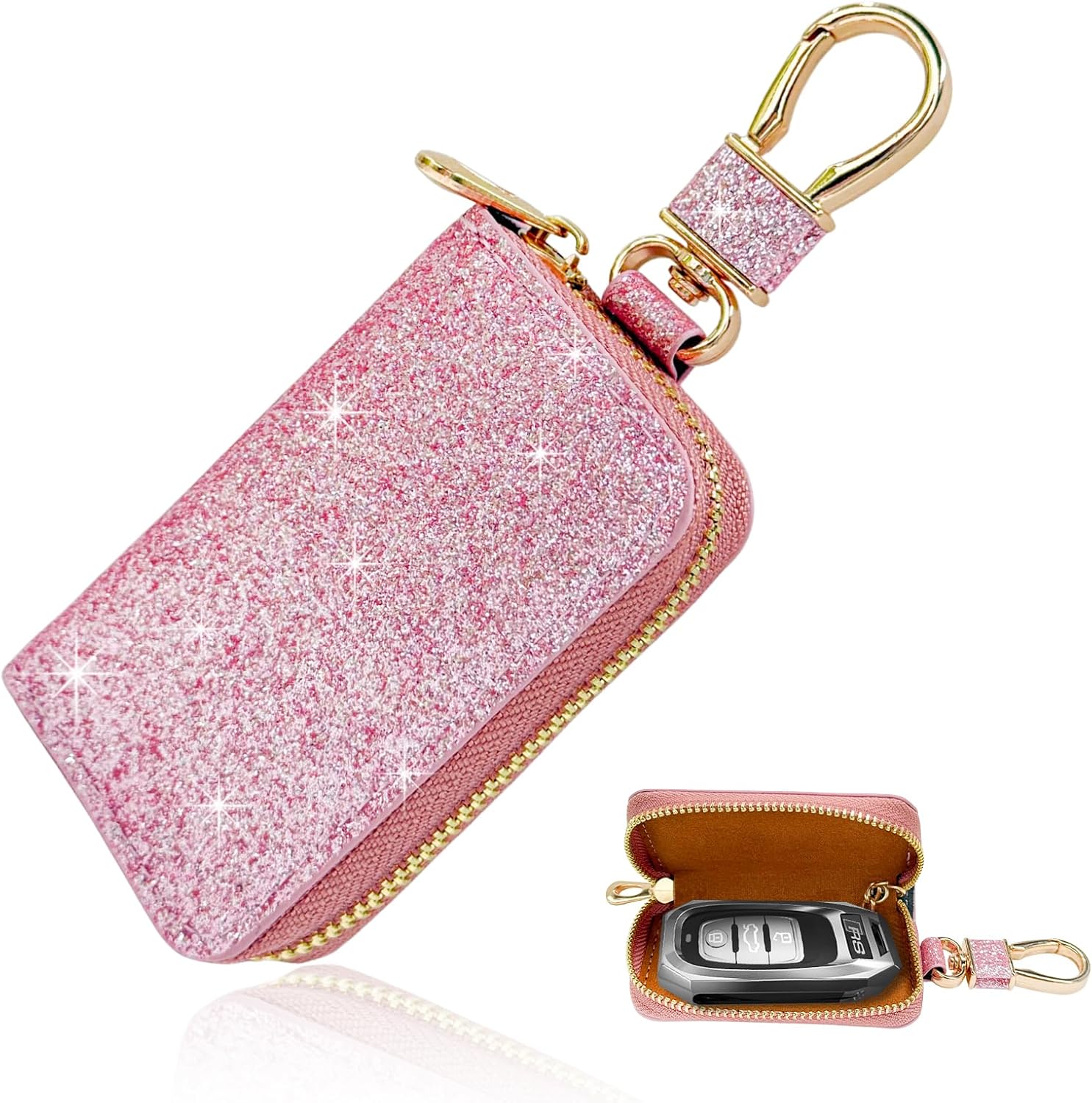 Bling Car Key Case, Sparkling Leather Vehicle Keychain Bag with Zipper Closure & Metal Hook, Decorative Remote Keyring Bag Portable Auto Key Fob Holder for Women Men (Rose Gold)