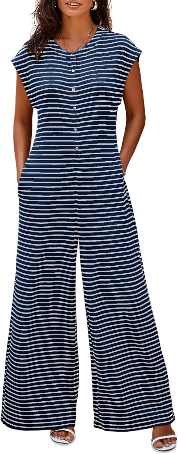 Cicy Bell Womens Casual Striped Jumpsuits Summer Cap Sleeve Wide Leg Jumper Romper Button Down Travel Beach Outfits