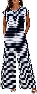 Womens Casual Striped Jumpsuits Summer Cap Sleeve Wide Leg Jumper Romper...