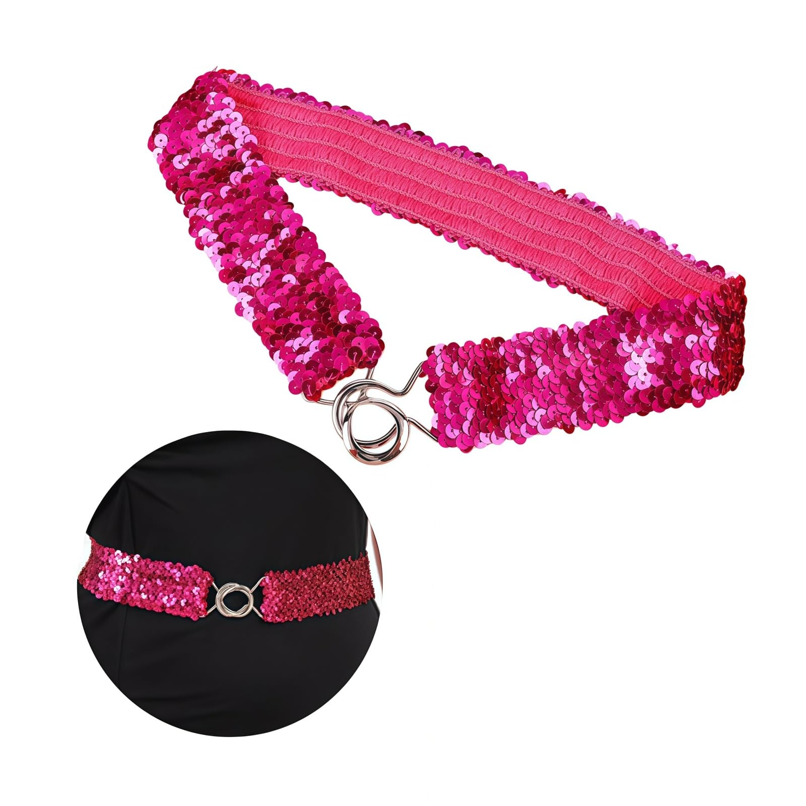 Samheng Women's Hot Pink Sequin Belts For Stretchy Glitter Belt Shiny 80S Belts For Elastic Waistband Cinch Belt With Metal Buckle For 80S Costume Party Disco Party,