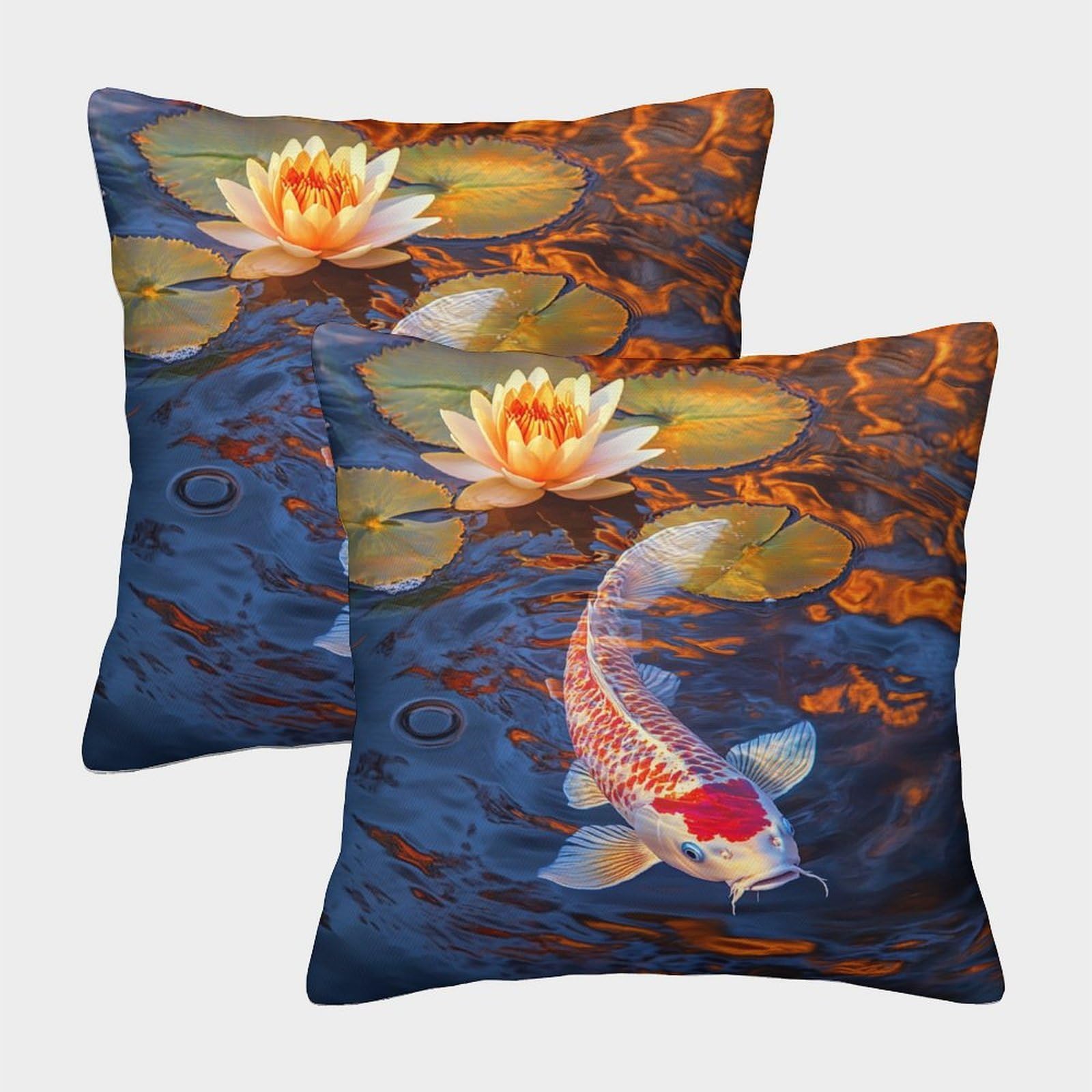 kaiyun 2 Pack Glowing Koi Pillow Case Home Decoration Sofa Water Lily Cushion Cover 50x50cm