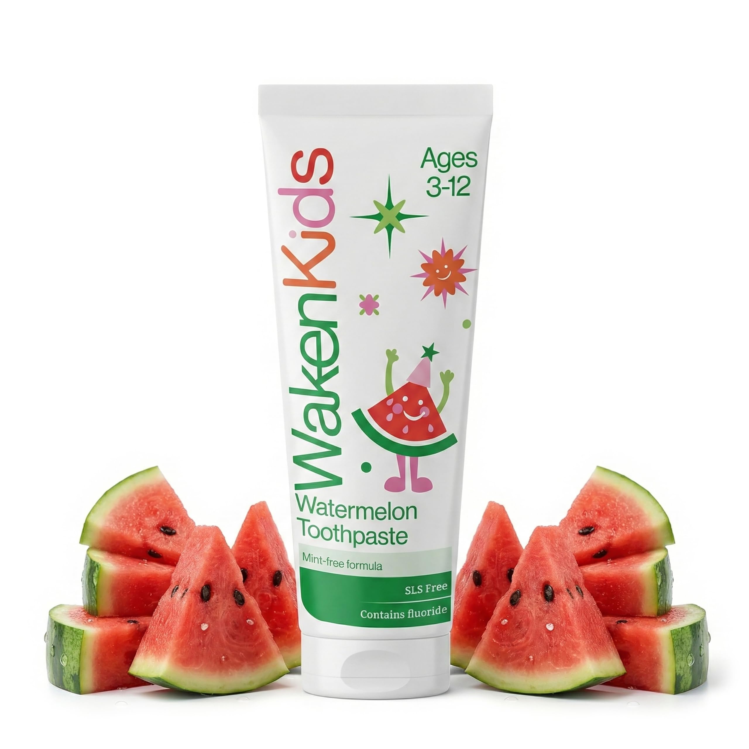 Waken Kids Toothpaste, Watermelon Fluoride Tooth Paste, SLS Free, Mint-Free, Gentle Flavoured Toothpaste for Children 3–12, Low-Foaming & Vegan-Friendly, 75ml