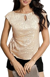 Women's Sequin Tops Glitter Sequence Shirt Cap Sleeve Dressy Blouses Clu...