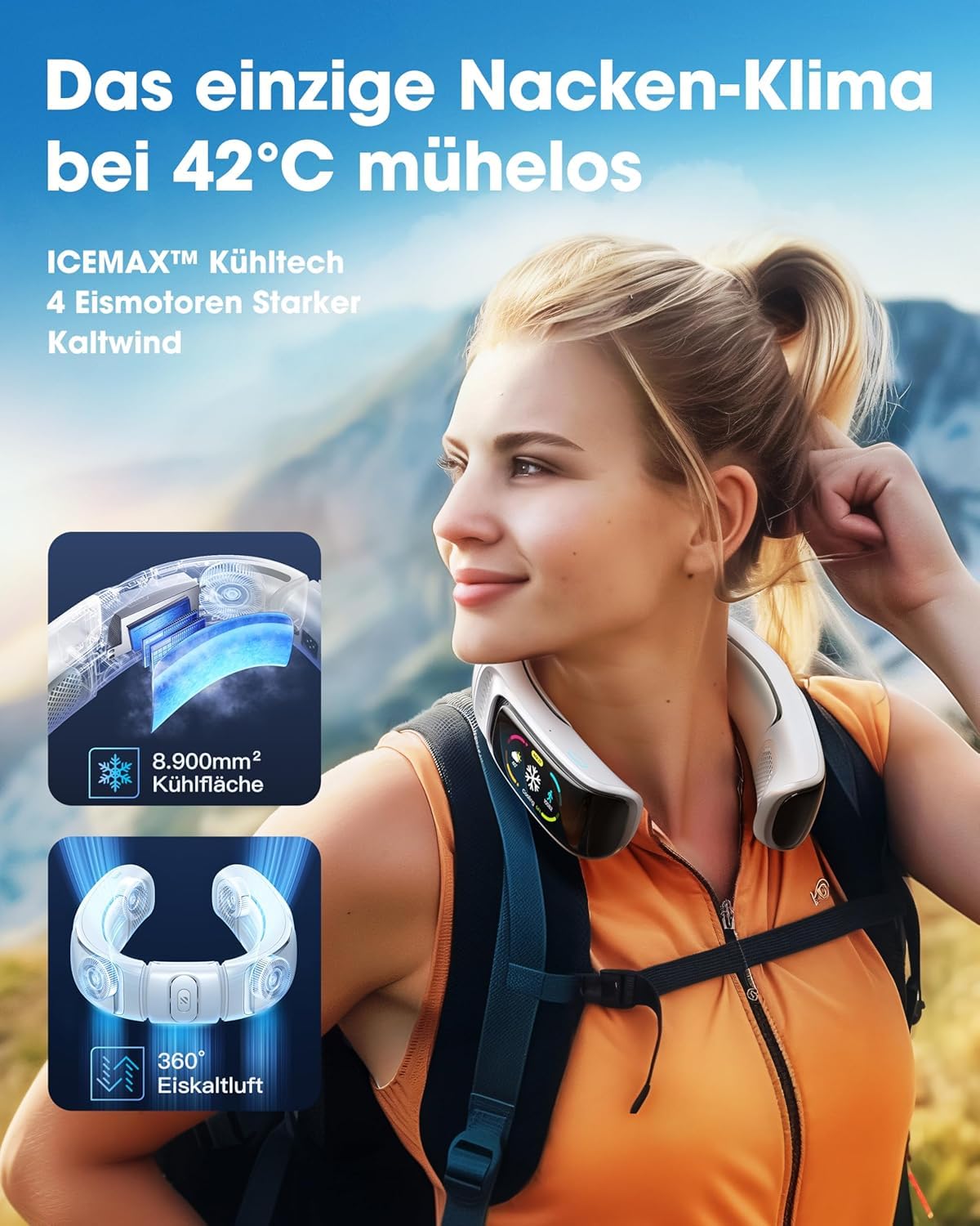 Nr.1 Kühlung AICE 3 AI Nacken-Klimaanlage 7000mAh 30H [Kühlung/Heizung] [Gesundheitsmonitor] Nackenventilator mit Kaltluft, App, wiederaufladbar, Musik, Anrufe, Geschenk, Eisweiß, ohne Ständer