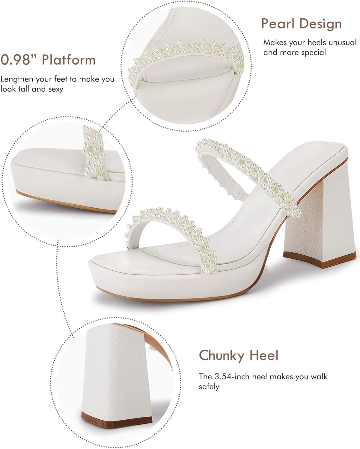 Coutgo Women's Platform Chunky High Heels Sandals Square Open Toe Strappy Pearl Slip On Slides