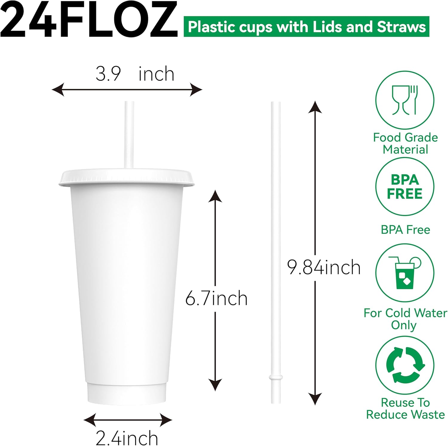 24 oz Plastic Cups With Lids and Straws, Sturdy & Food-Safe Iced Coffee Cups With Lid, Plastic Tumbler Reusable, Drinking Cups for Cold Drinks, Milkshakes, Smoothies - White(12 Sets) - Image 2