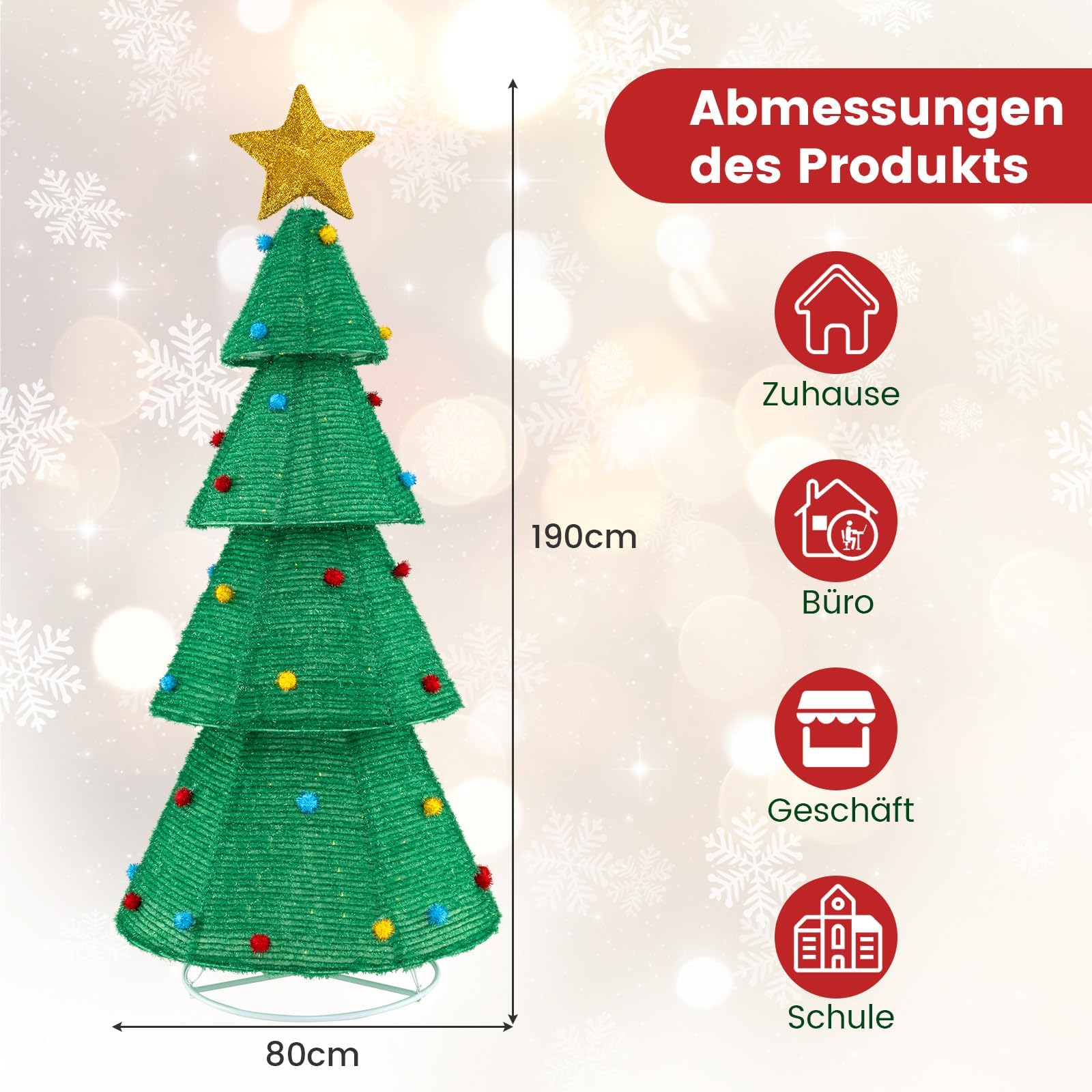 COSTWAY LED choinka, 190 cm oświetlona dekoracja bożonarodzeniowa z 200 diodami LED, dekoracja świąteczna z gwiazdą i pluszowymi kulami, oświetlenie bożonarodzeniowe do wnętrz i na zewnątrz
