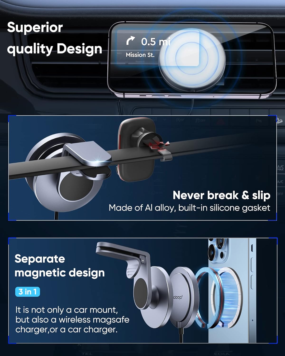 doqo Separate iPhone Magsafe car Mount [Apple MFi Certified] Magnetic Phone Holder for Car[Easily Install] 15W Fast Charging Air Vent for iPhone 14 13 12 Pro Plus Max Mini with iPhone 13 MagSafecase