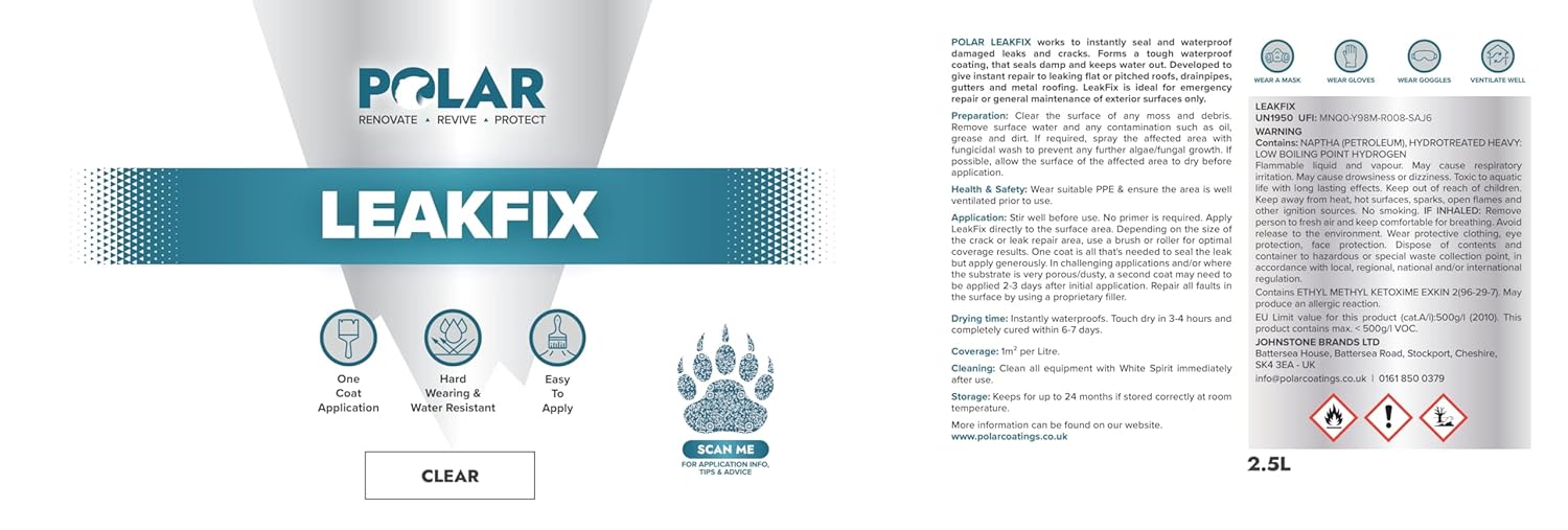 Polar Specialist Coatings Clear Leak Fix Paint - 85 oz - One Coat Waterproof Sealant with Reinforced Fibers, Instantly Seals Leaks & Cracks for Roofs, Drainpipes and Gutter Repairs for Exterior Use