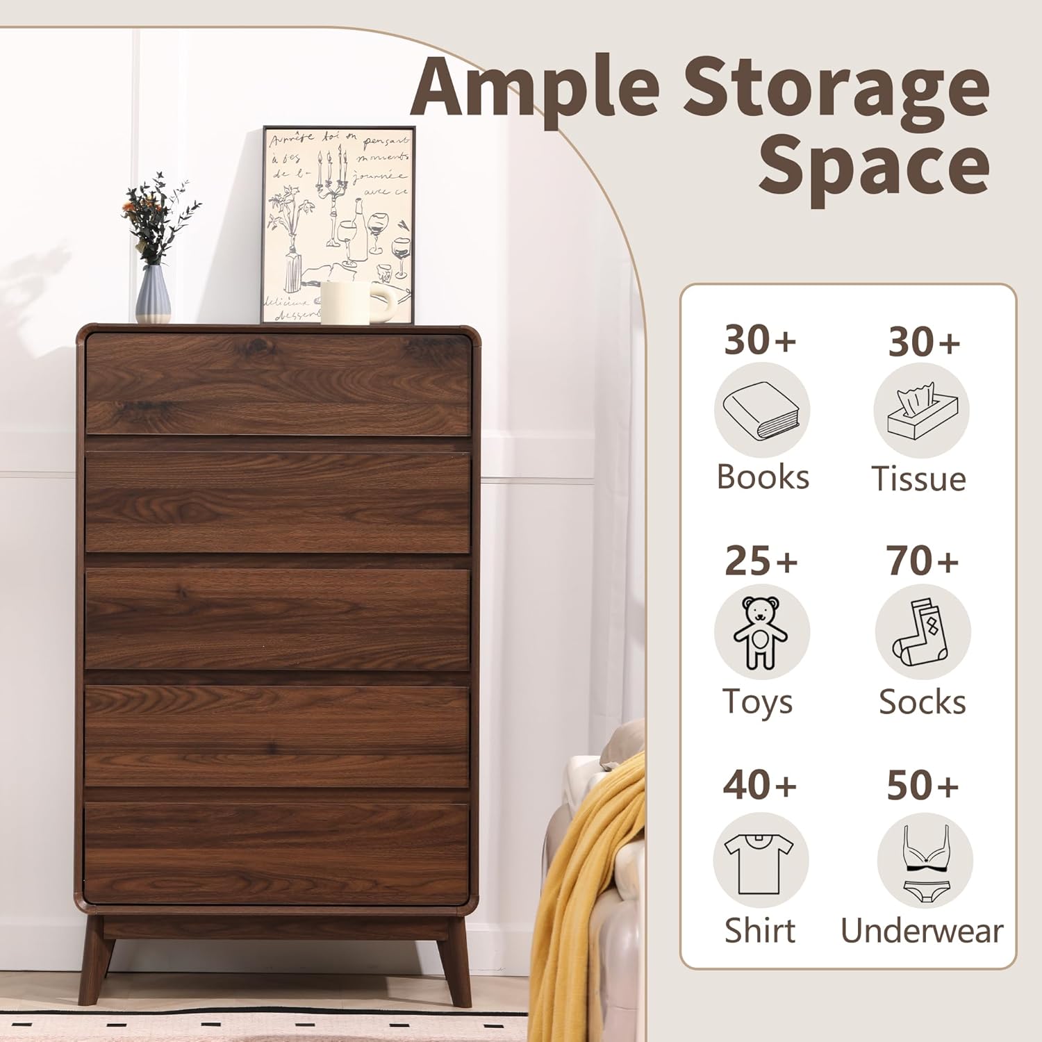 5 Drawer Dresser, 50" Tall Wood Chest of Drawers, Modern Mid Century Storage Organizer for Bedroom, Living Room, Hallway.Walnut - Image 3