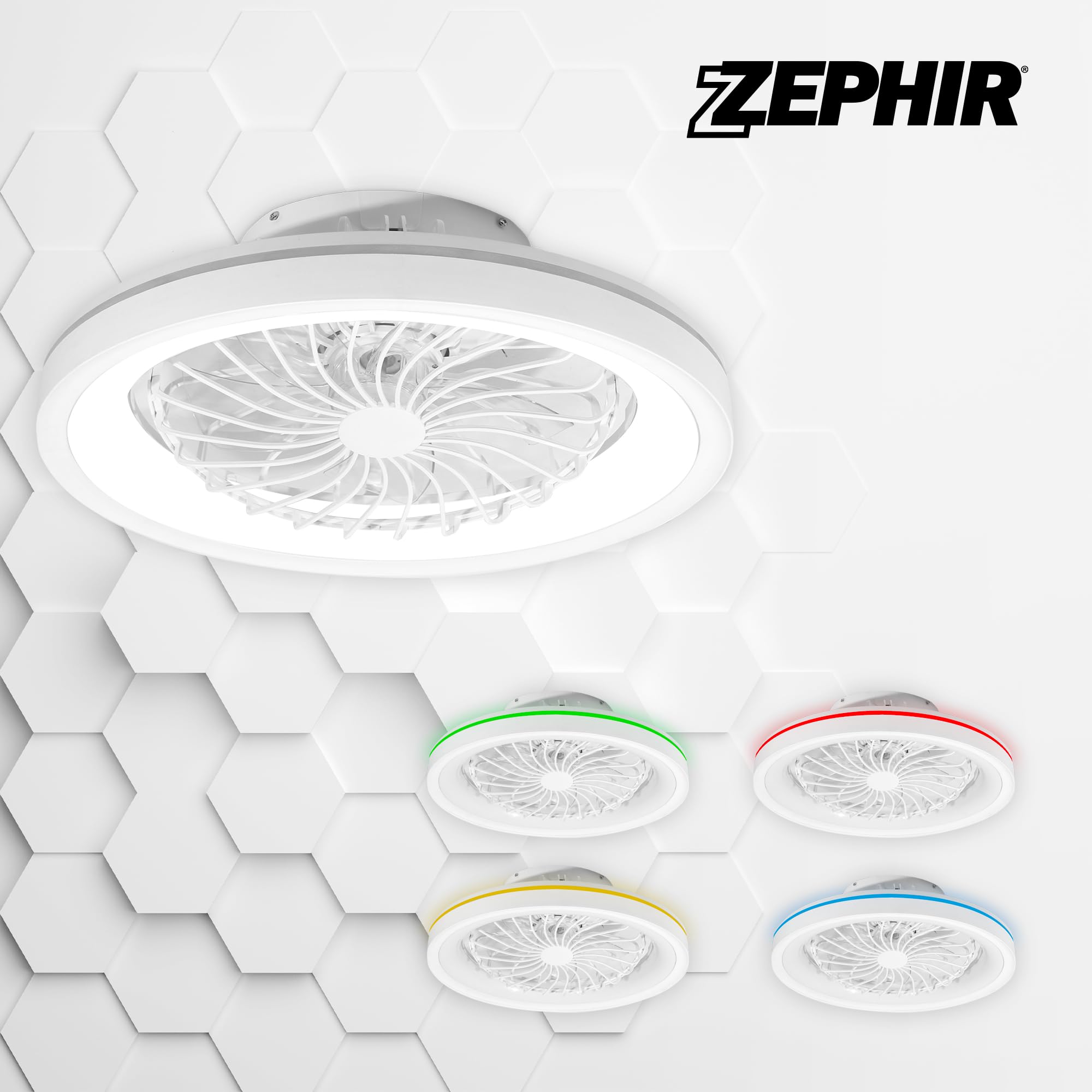 Zephir Ventilatore Plafoniera LED 40W Con Telecomando, RGB E CCT, Corpo Rotante 360°, 6 Velocità, Funzione Reverse, Timer, 7 Pale Trasparenti