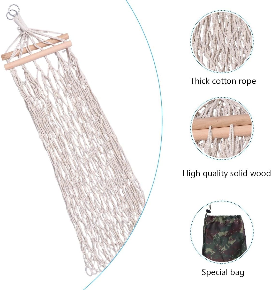 NOLITOY Single Cotton Rope Mesh Hammock Swing with Wooden Spreaders, Thickened Outdoor Hanging Bed for Camping and Indoor Leisure, Includes Hanging Straps and Carry Bag