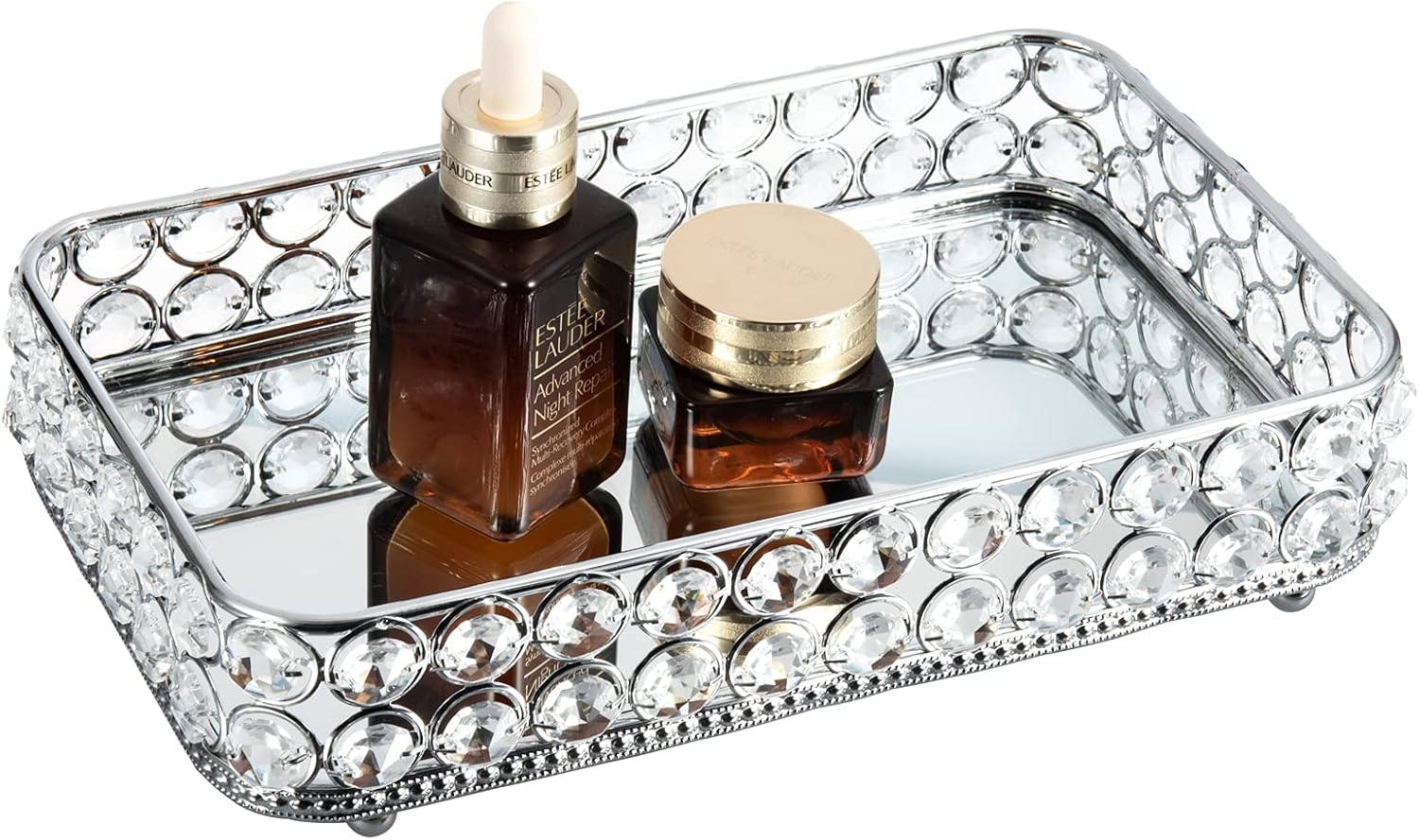 Feyarl Crystal Vanity Perfume Tray Jewelry Trinket Organizer Makeup Decorative Cosmetic Tray Skin Care Storage for Wedding Home Deco (Glass)